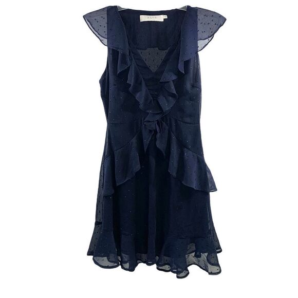 ASTR Navy Ruffled Swiss Dot Metallic Trim Dress Size XS - Picture 1 of 7